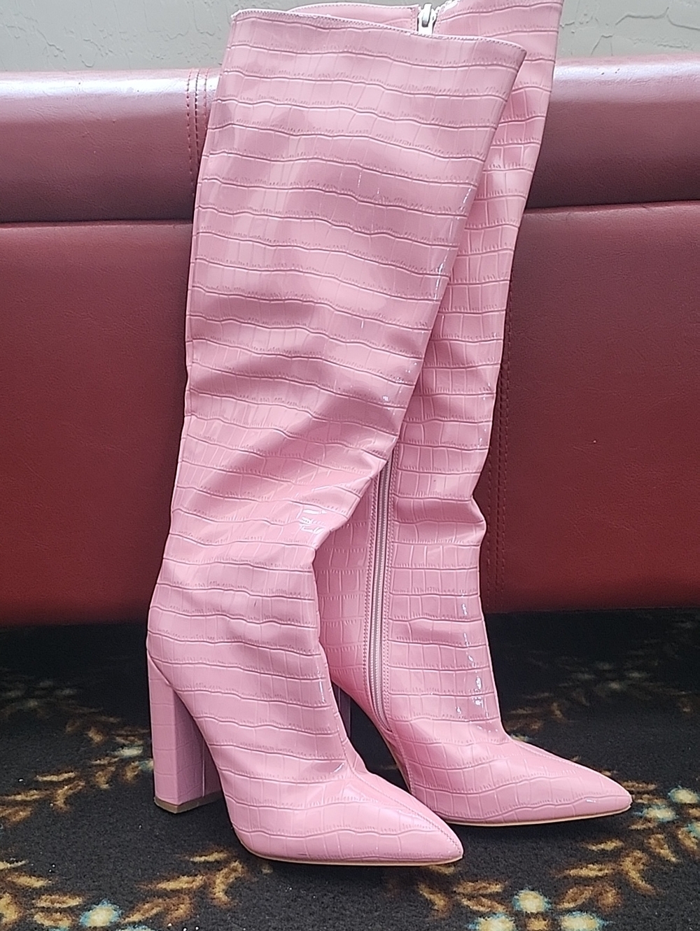 Croc-Embossed Pink Over-the-Knee High Heel Boots